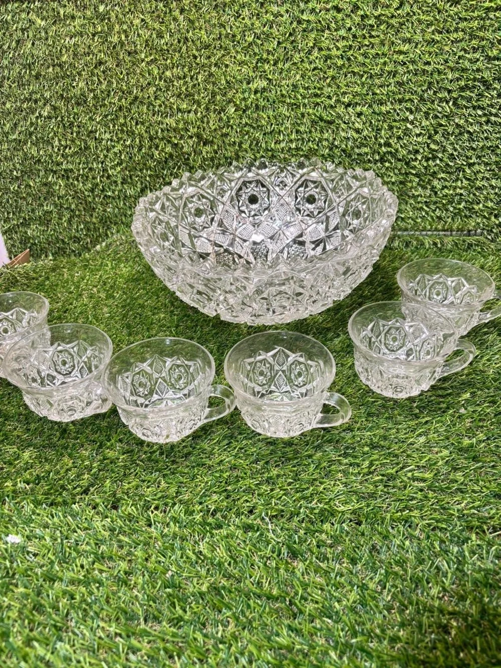 Rich's Department Store Pressed Glass Punch Bowl Set 7pc Star Pattern Clear